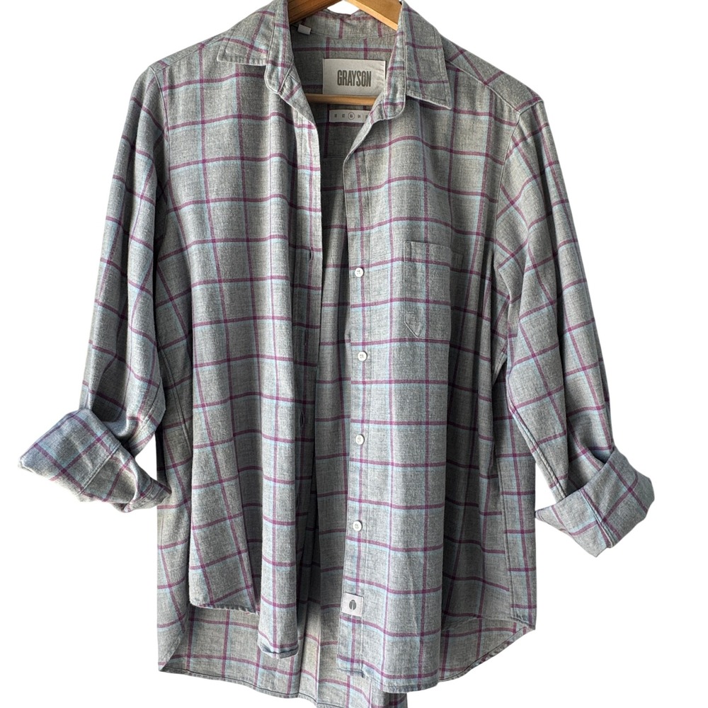 Grayson The Hero Button Up Shirt 100% Cotton MED 03 Grey Purple Plaid Flannel